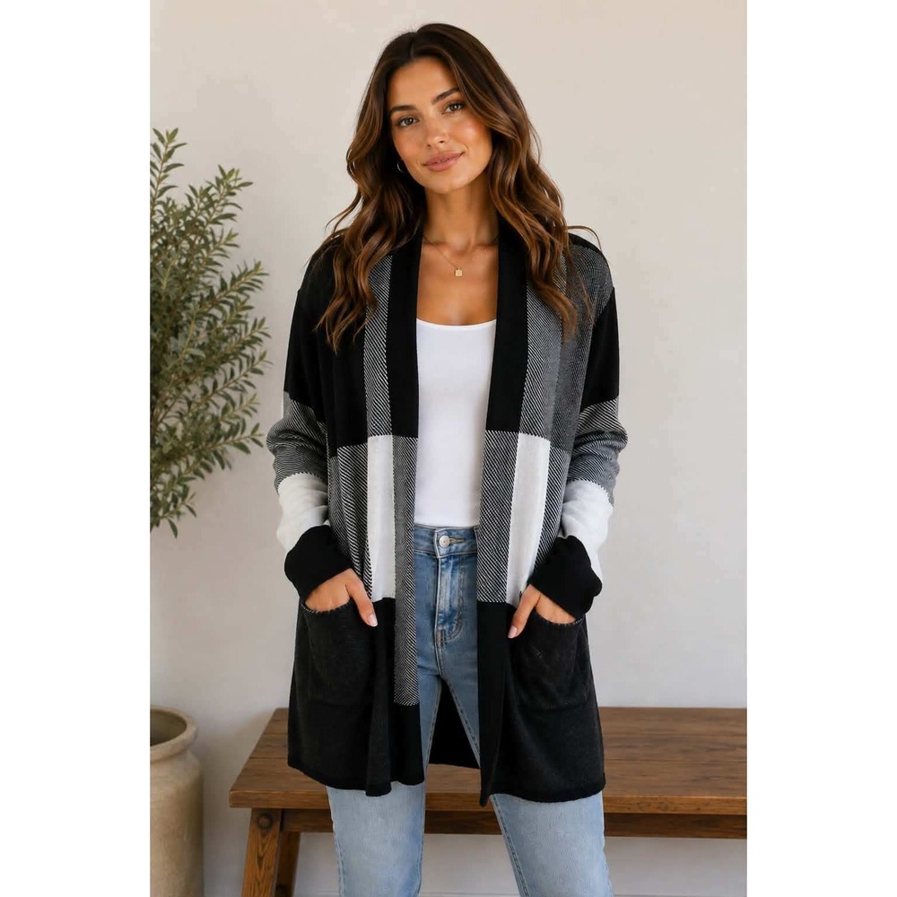 Allison Daley Womens XL Plaid Open Front Cardigan Black White Grey Faux Leather
